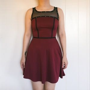 Maroon Mesh Studded Skater Dress